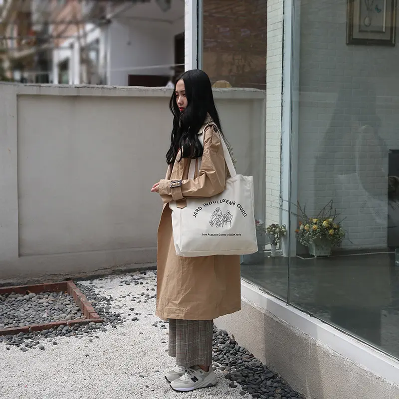 Women Large Canvas Bag  Jardin du Luxembourg Cotton Cloth Shoulder Bag French Letter Print Big Handbag Casual Tote Shopping Bags