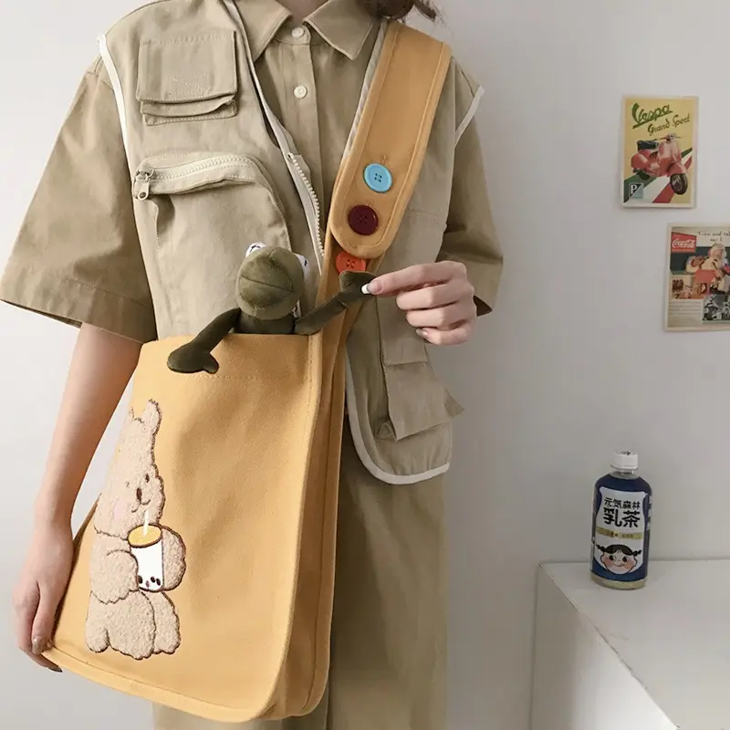 Women Canvas Shoulder Bag Warm Plush Cloth Fabric Handbag Soft Cotton Tote Large Capacity Embroidery Bear Book Bags For Ladies