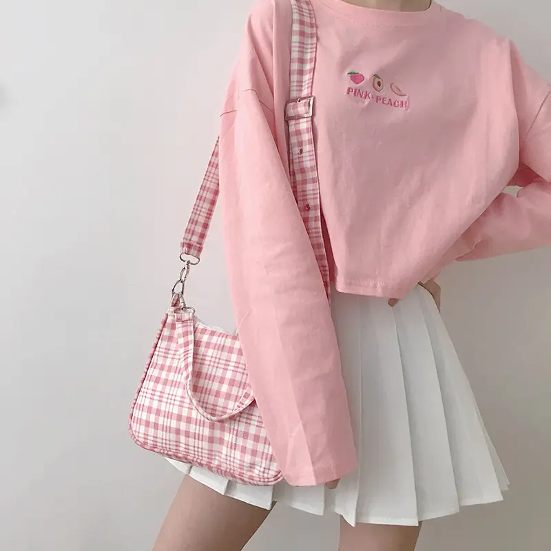 Cute gingham Women Canvas Shoulder Bag Ladies' Checked Print Woolen Cloth Crossbody Bags Half Moon Handbag Plaid Tote for Girls