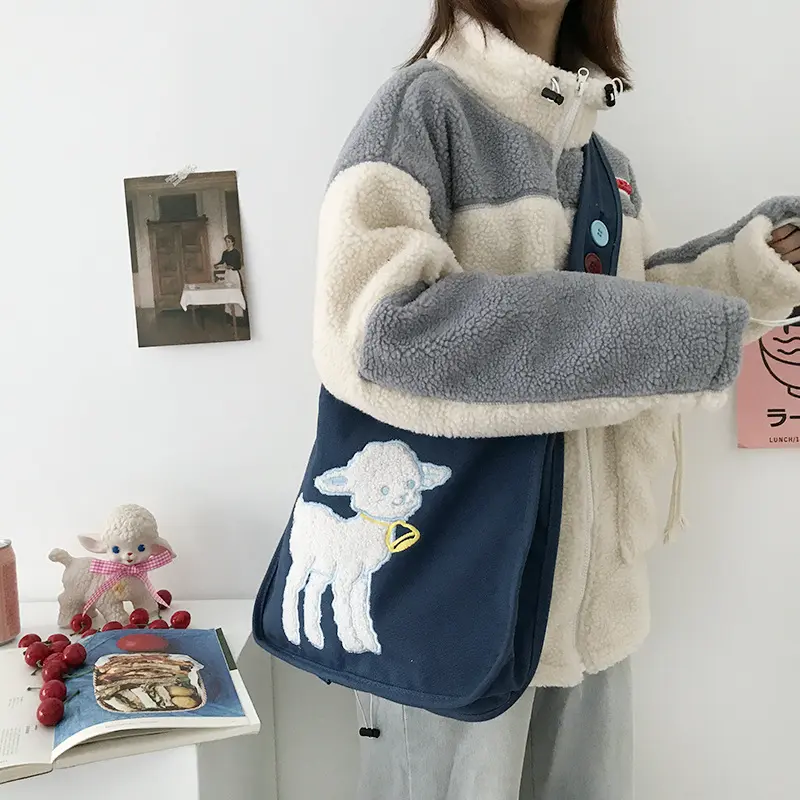 Women Canvas Shoulder Bag Little Lamb Embroidery Girls Cotton Cloth Crossbody Bags Large Capacity School Books Bag Shopping Bags