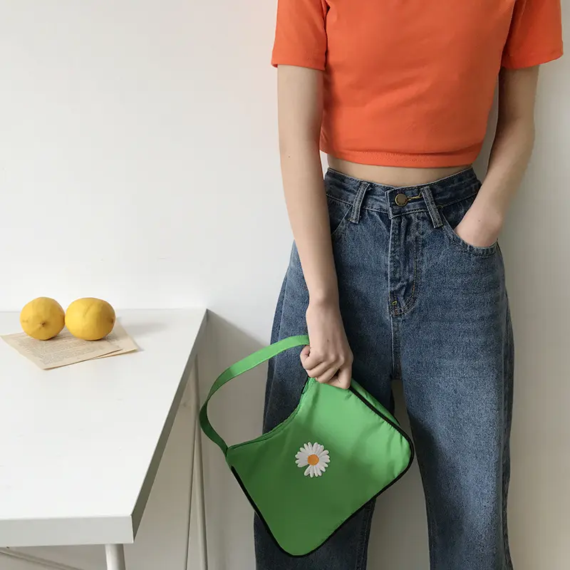 Women Small Canvas Handbag Daisy Embroidery Little Tote Fashion Underarm Bag Zipper Half Moon Design Cloth Purse Makeup Bags