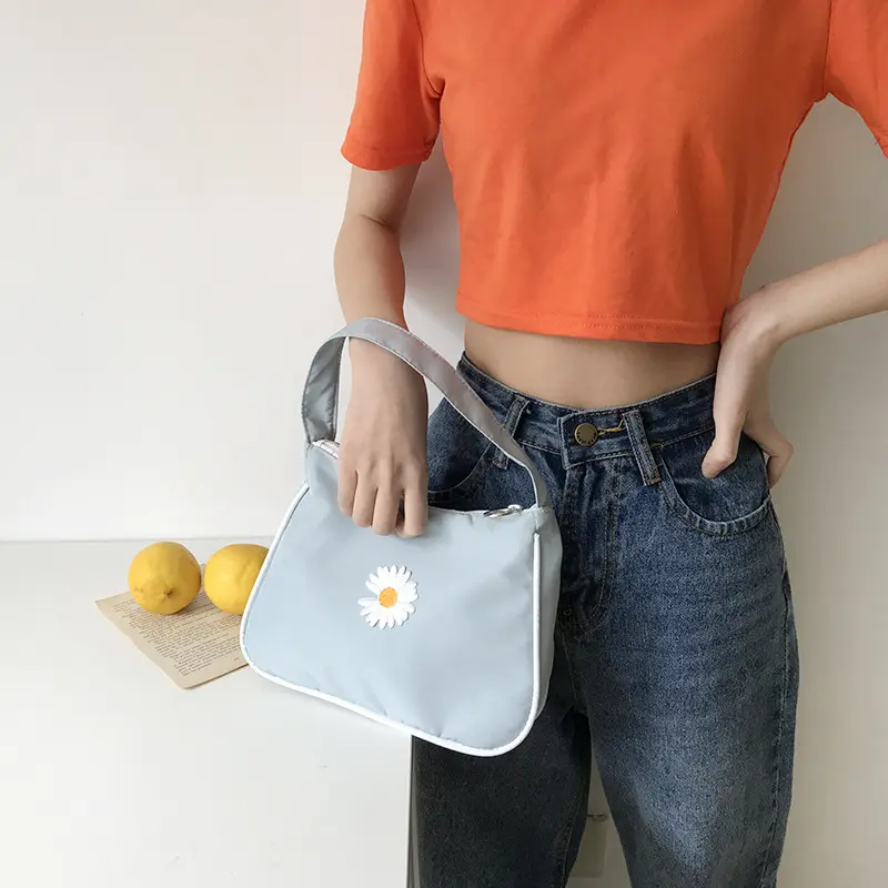 Women Small Canvas Handbag Daisy Embroidery Little Tote Fashion Underarm Bag Zipper Half Moon Design Cloth Purse Makeup Bags