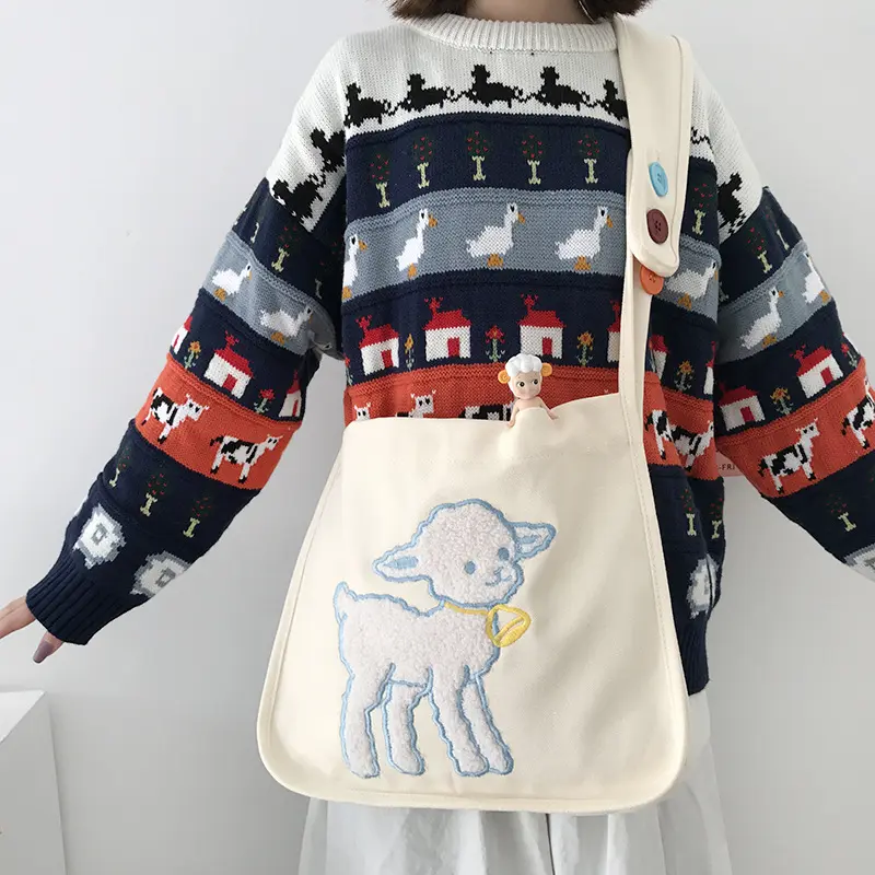 Women Canvas Shoulder Bag Little Lamb Embroidery Girls Cotton Cloth Crossbody Bags Large Capacity School Books Bag Shopping Bags