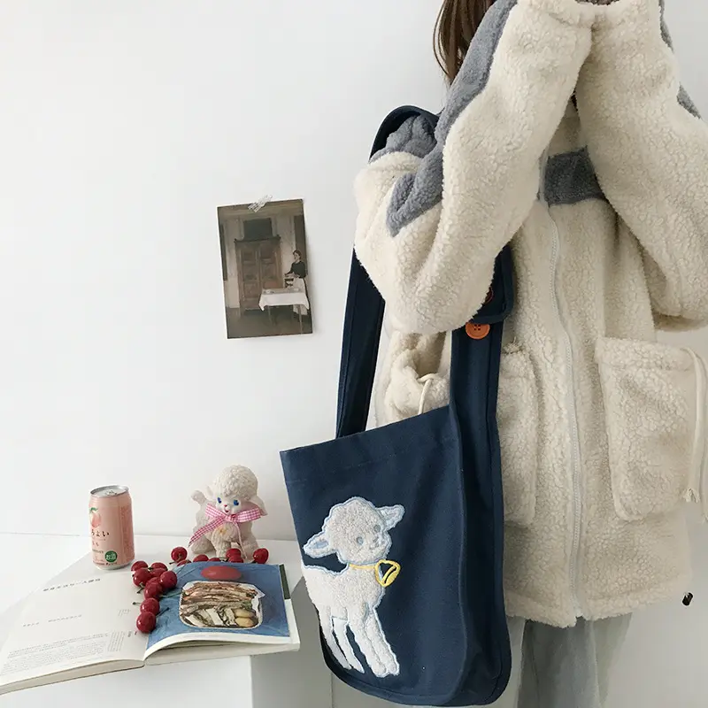 Women Canvas Shoulder Bag Little Lamb Embroidery Girls Cotton Cloth Crossbody Bags Large Capacity School Books Bag Shopping Bags