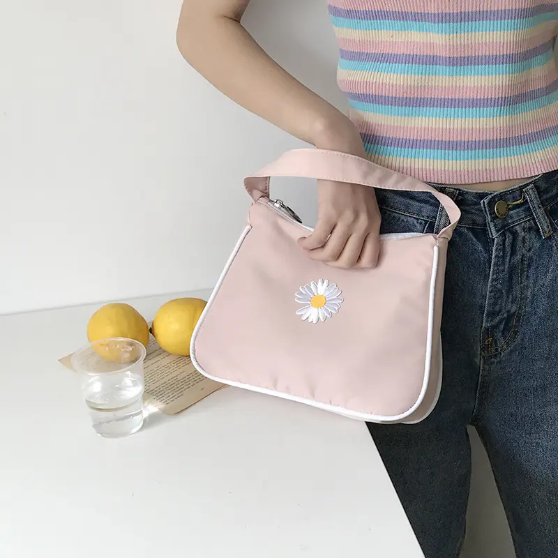 Women Small Canvas Handbag Daisy Embroidery Little Tote Fashion Underarm Bag Zipper Half Moon Design Cloth Purse Makeup Bags