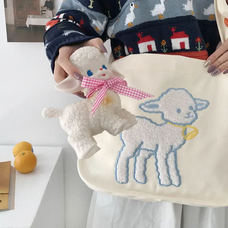 Women Canvas Shoulder Bag Little Lamb Embroidery Girls Cotton Cloth Crossbody Bags Large Capacity School Books Bag Shopping Bags