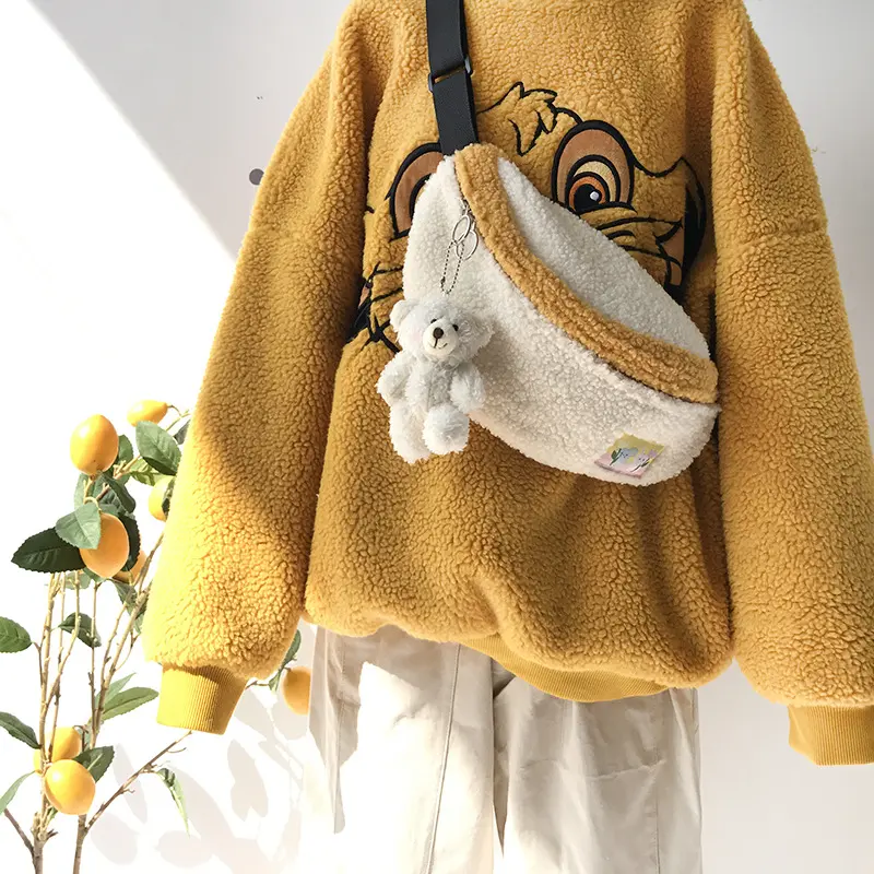 Women Chest Shoulder Bag Lamb Like Fabric Soft Plush Purse Simple Patchwork Panelled Phone Pouch Cute Crossbody Bags For Girls