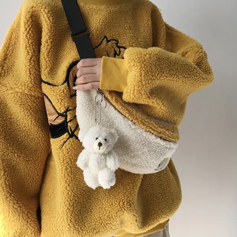 Women Chest Shoulder Bag Lamb Like Fabric Soft Plush Purse Simple Patchwork Panelled Phone Pouch Cute Crossbody Bags For Girls