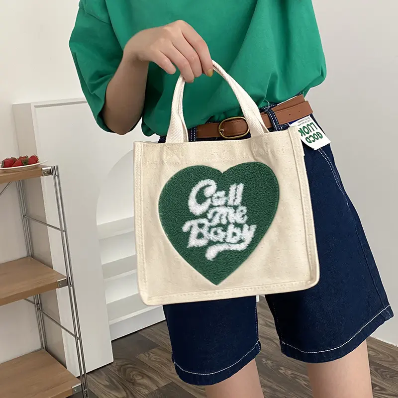Cute Lunch Bag Heart Shape Canvas Picnic Tote Cotton Cloth Small Handbag Pouch Dinner Container Food Storage Bags For Lunch Box
