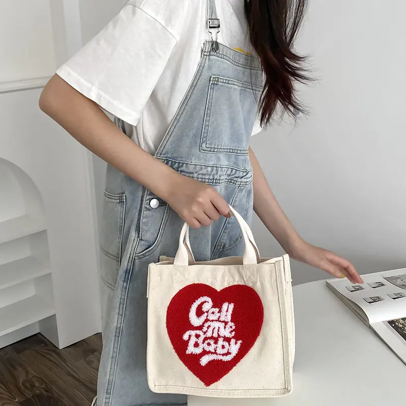 Cute Lunch Bag Heart Shape Canvas Picnic Tote Cotton Cloth Small Handbag Pouch Dinner Container Food Storage Bags For Lunch Box