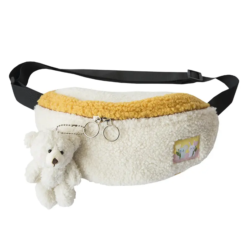 Women Chest Shoulder Bag Lamb Like Fabric Soft Plush Purse Simple Patchwork Panelled Phone Pouch Cute Crossbody Bags For Girls