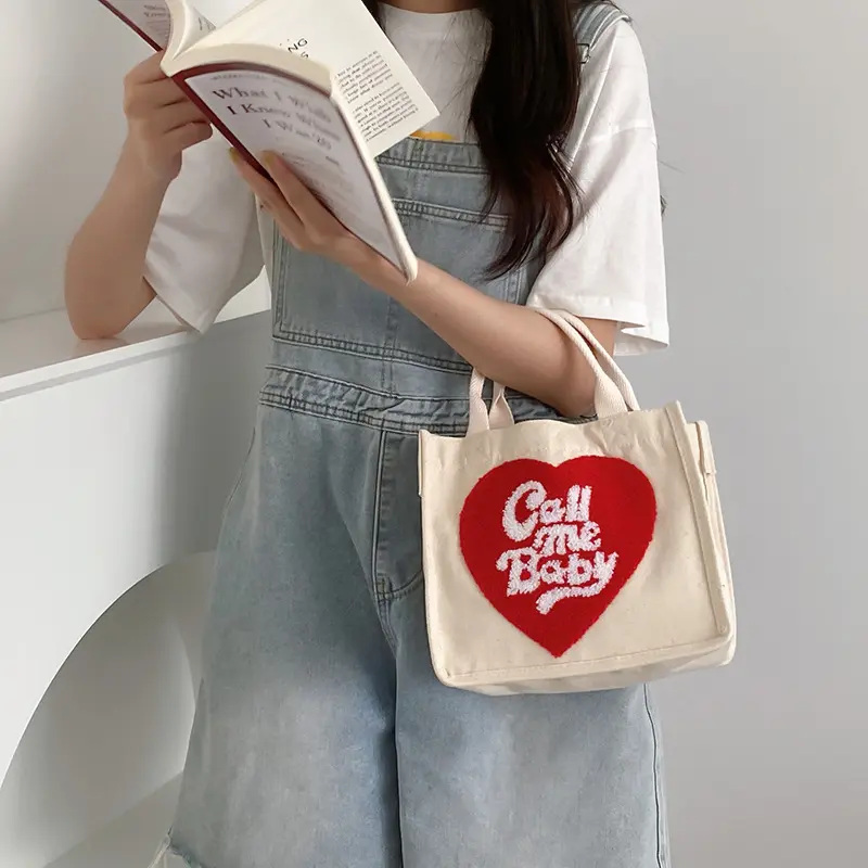 Cute Lunch Bag Heart Shape Canvas Picnic Tote Cotton Cloth Small Handbag Pouch Dinner Container Food Storage Bags For Lunch Box