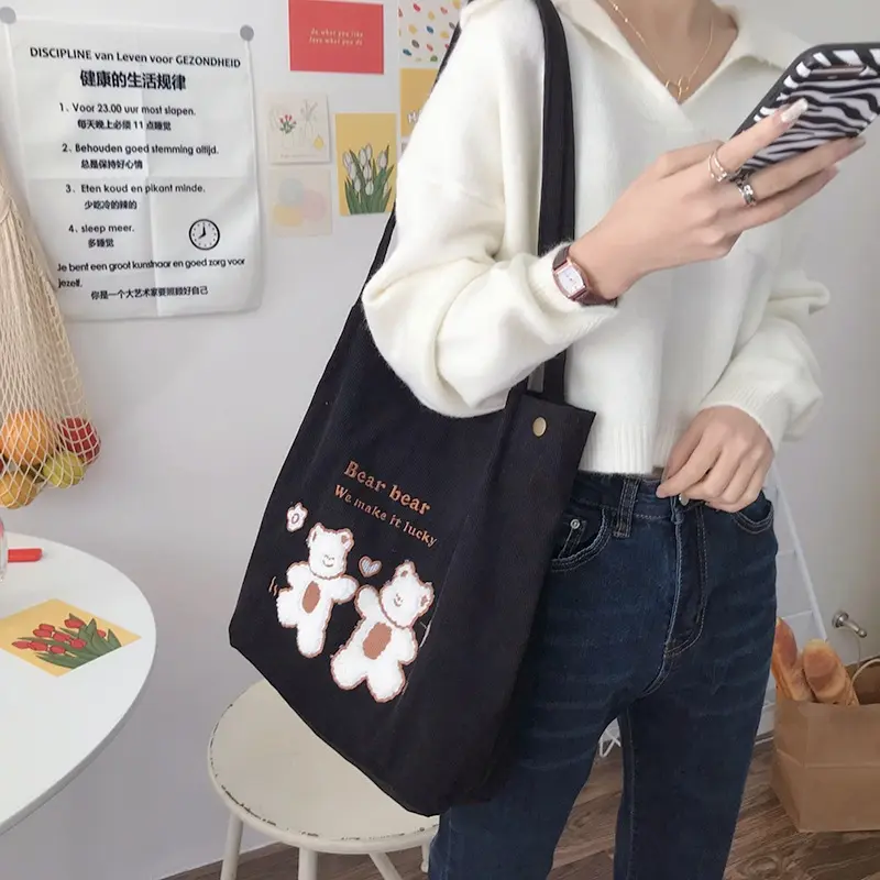 Women Corduroy Shoulder Bag Lucky Bears Embroidery Striped Canvas Handbag Eco Cloth Tote Cute Soft Shopping Bags For Ladies