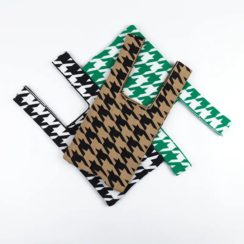 Knitting Fabric Women Handbag Houndstooth Design Eco Small Shopping Bag Decoration Purses Woolen Plaid Cloth Tote For Ladies