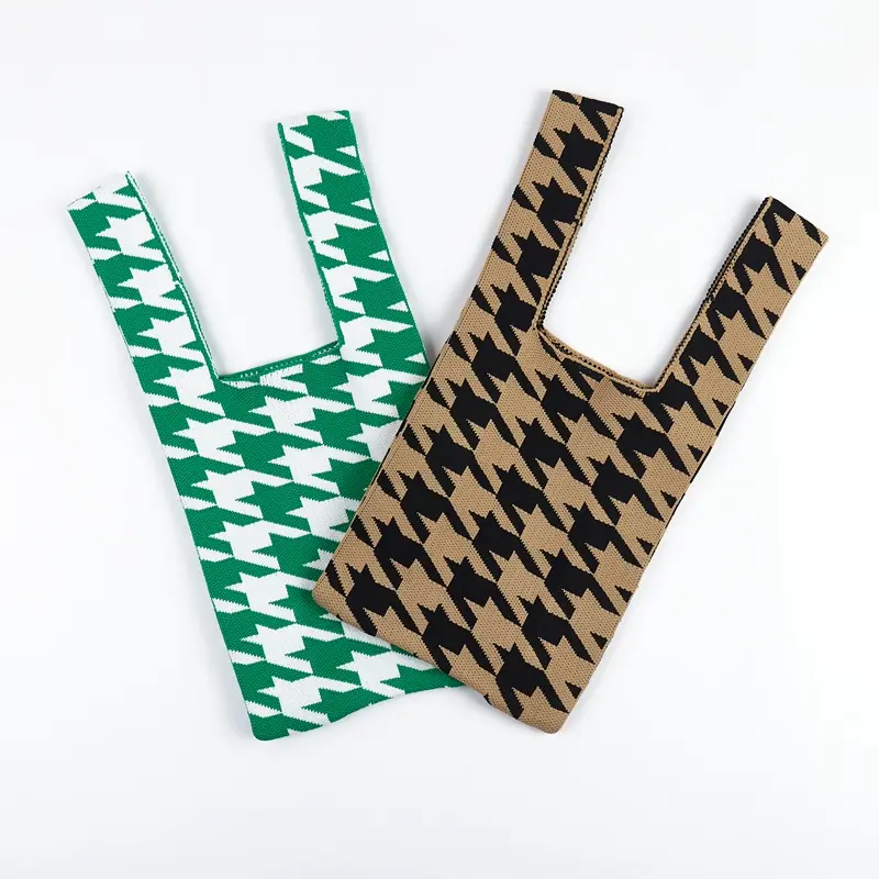 Knitting Fabric Women Handbag Houndstooth Design Eco Small Shopping Bag Decoration Purses Woolen Plaid Cloth Tote For Ladies