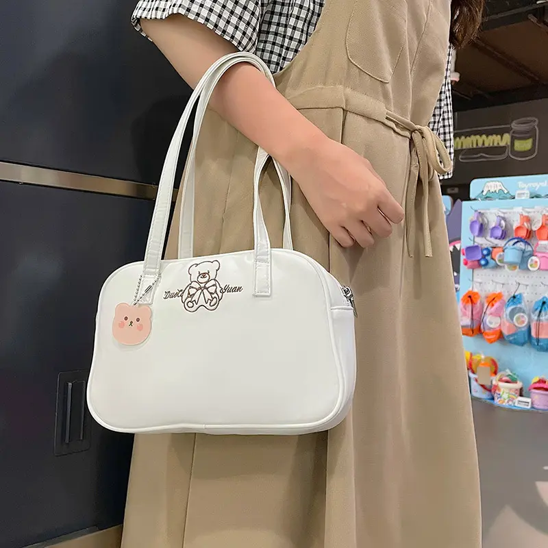 Embroidery Women Lovely Shoulder Bag College Girls Little Handbag Small Tote Ladies Underarm Bags Cute Bear Eco PU Leather Purse