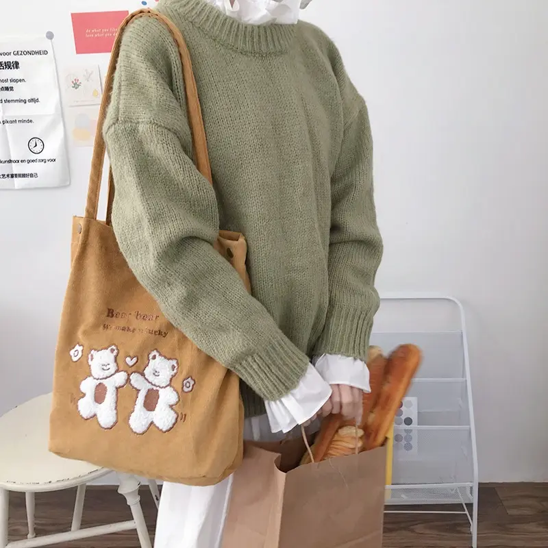 Women Corduroy Shoulder Bag Lucky Bears Embroidery Striped Canvas Handbag Eco Cloth Tote Cute Soft Shopping Bags For Ladies