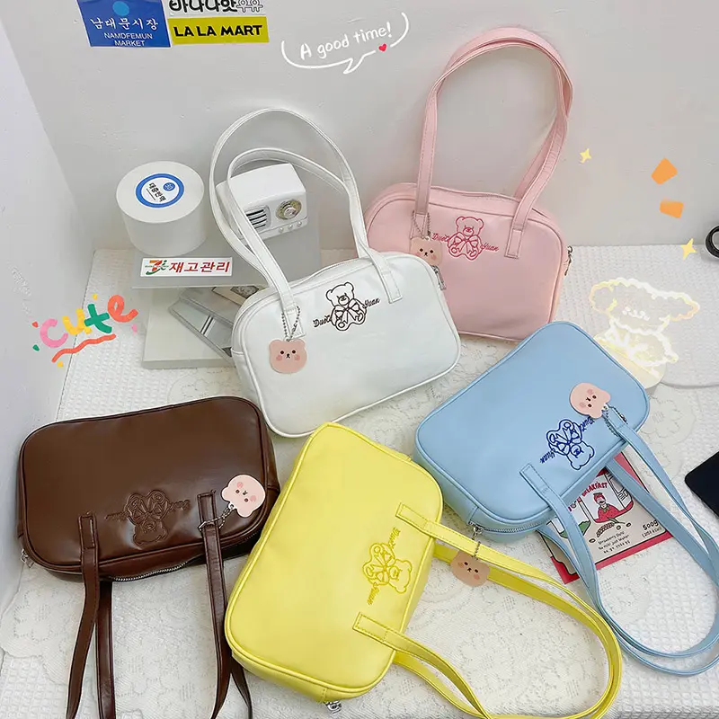 Embroidery Women Lovely Shoulder Bag College Girls Little Handbag Small Tote Ladies Underarm Bags Cute Bear Eco PU Leather Purse