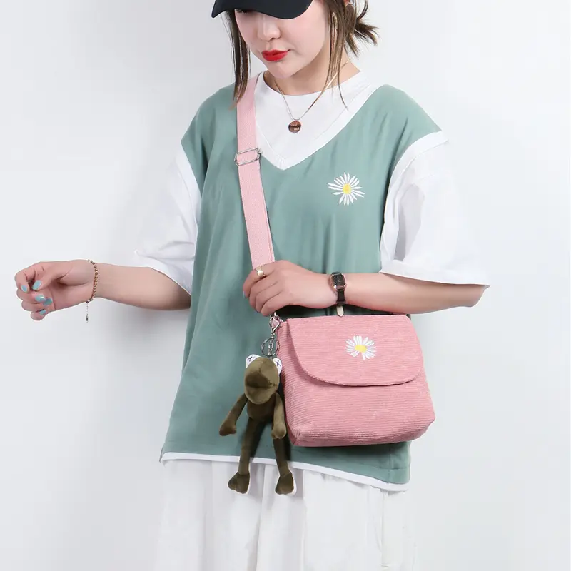 Women Stripe Corduroy Crossbody Bags Daisy Embroidery Canvas Zipper Shoulder & Messenger Bag Phone Coin Money Handbags For Girls