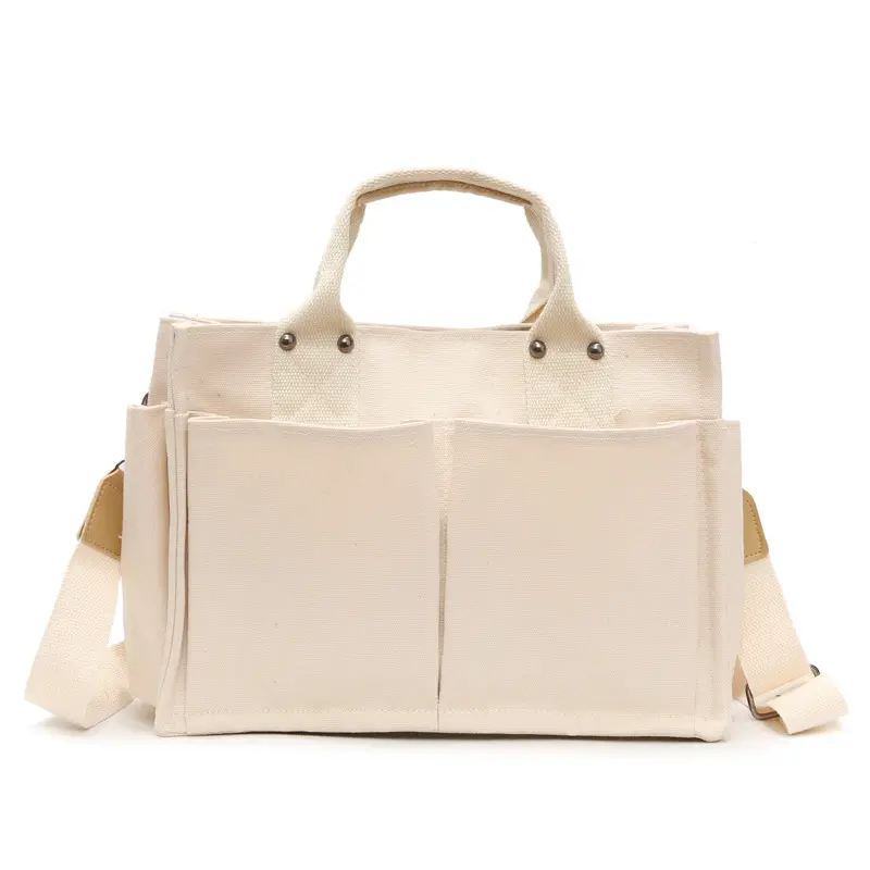 Women Casual Canvas Shoulder Bag Ladies Exterior Pockets Crossbody Messenger Bags Solid Thick Cotton Cloth Purses Girls Handbags