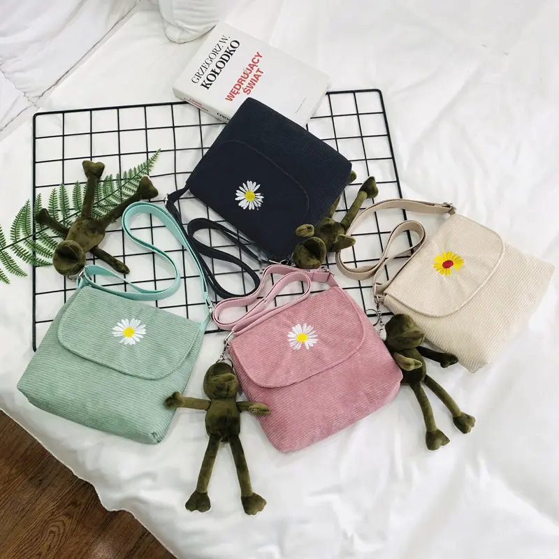 Women Stripe Corduroy Crossbody Bags Daisy Embroidery Canvas Zipper Shoulder & Messenger Bag Phone Coin Money Handbags For Girls