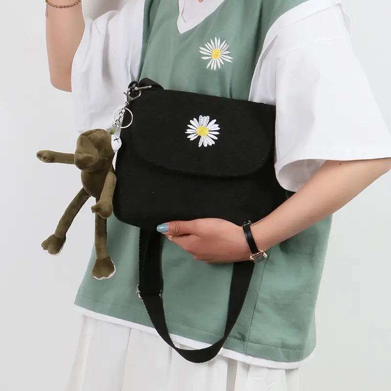 Women Stripe Corduroy Crossbody Bags Daisy Embroidery Canvas Zipper Shoulder & Messenger Bag Phone Coin Money Handbags For Girls