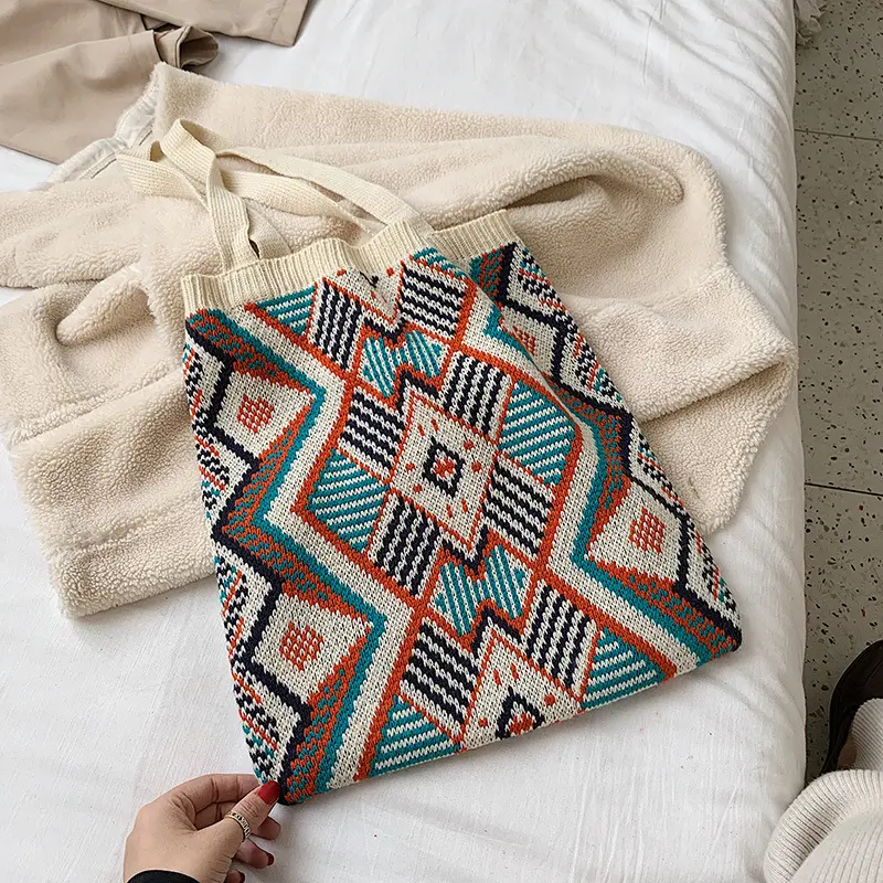 Women Knitting Wool Shoulder Bag Colourful Diamond Pattern Simple Cloth Handbag Casual Tote Winter Warm Woolen Shopping Bags