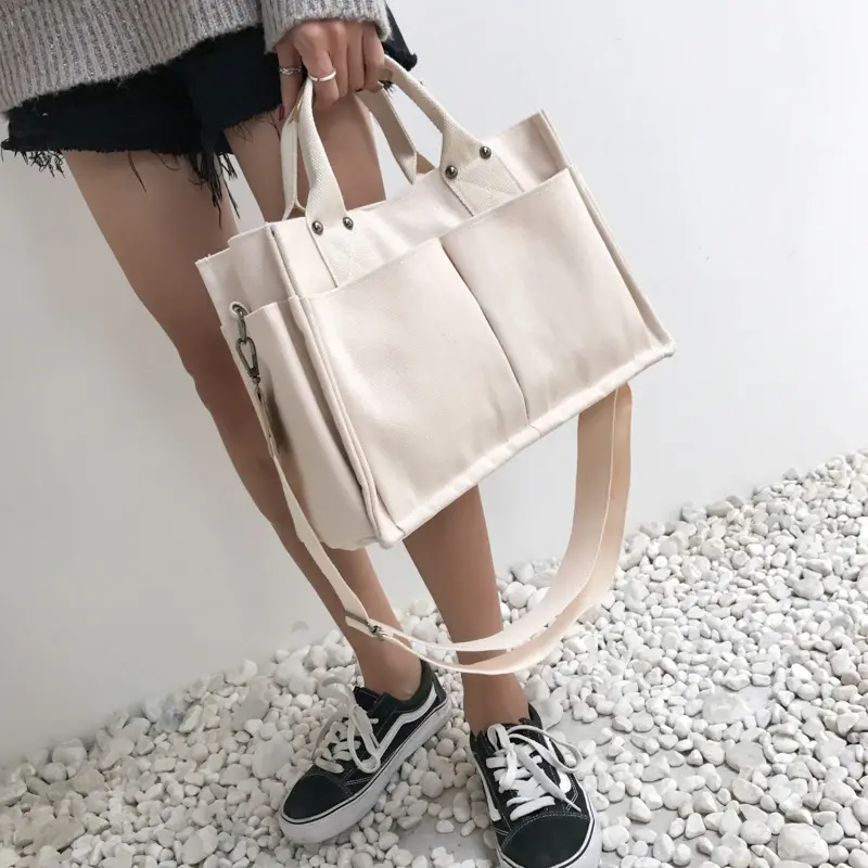 Women Casual Canvas Shoulder Bag Ladies Exterior Pockets Crossbody Messenger Bags Solid Thick Cotton Cloth Purses Girls Handbags