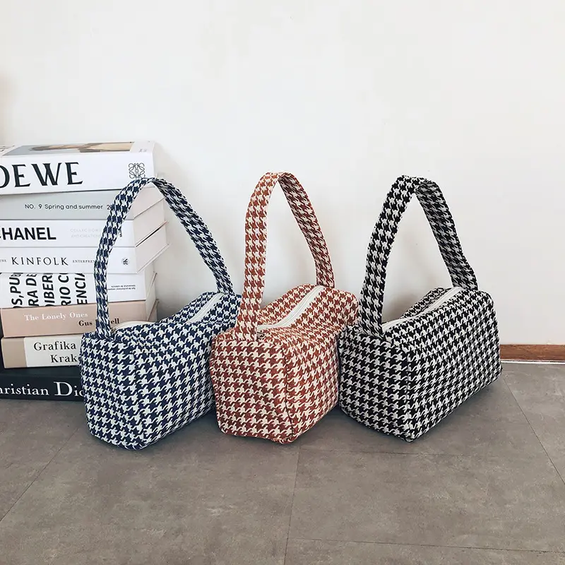 Women Small Canvas Handbag Houndstooth Pattern Little Tote Vintage Underarm Bag Zipper Portable Foldable Cloth Purse Makeup Bags