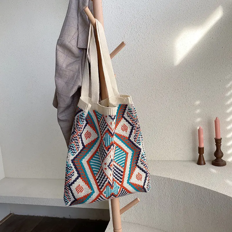 Women Knitting Wool Shoulder Bag Colourful Diamond Pattern Simple Cloth Handbag Casual Tote Winter Warm Woolen Shopping Bags
