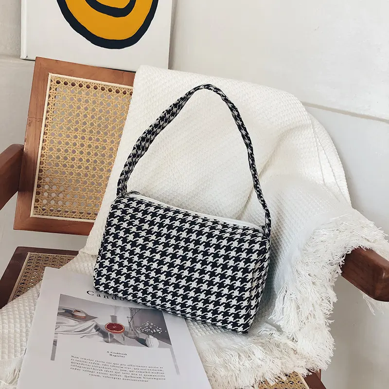 Women Small Canvas Handbag Houndstooth Pattern Little Tote Vintage Underarm Bag Zipper Portable Foldable Cloth Purse Makeup Bags