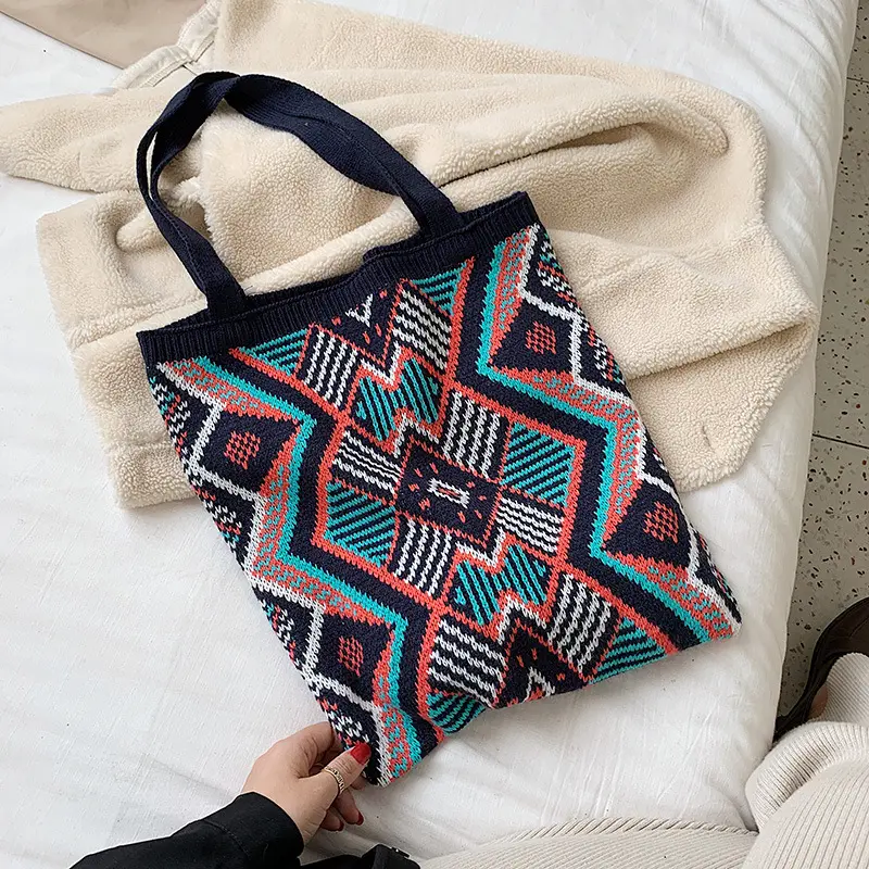Women Knitting Wool Shoulder Bag Colourful Diamond Pattern Simple Cloth Handbag Casual Tote Winter Warm Woolen Shopping Bags