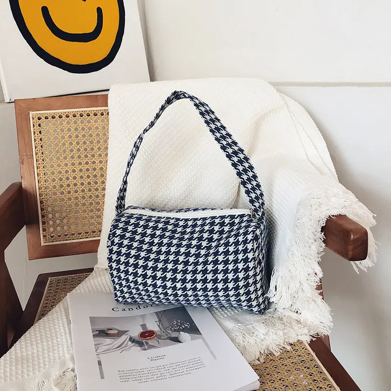 Women Small Canvas Handbag Houndstooth Pattern Little Tote Vintage Underarm Bag Zipper Portable Foldable Cloth Purse Makeup Bags