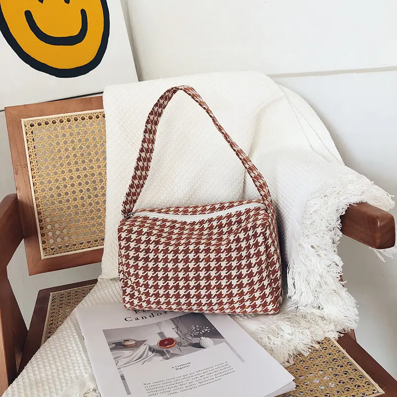 Women Small Canvas Handbag Houndstooth Pattern Little Tote Vintage Underarm Bag Zipper Portable Foldable Cloth Purse Makeup Bags