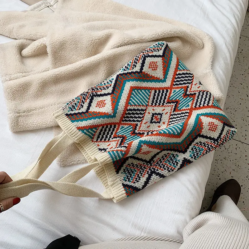 Women Knitting Wool Shoulder Bag Colourful Diamond Pattern Simple Cloth Handbag Casual Tote Winter Warm Woolen Shopping Bags