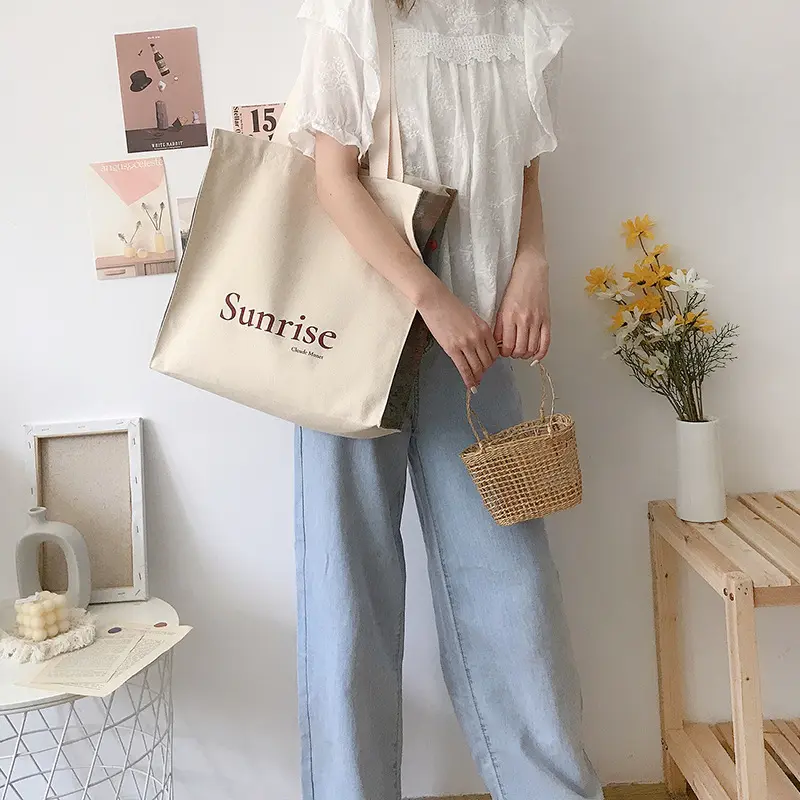 Women Canvas Shoulder Bag Love Philosophy Daily Shopping Bags Oil Painting Books Bag Thick Cotton Cloth Handbags Tote For Ladies