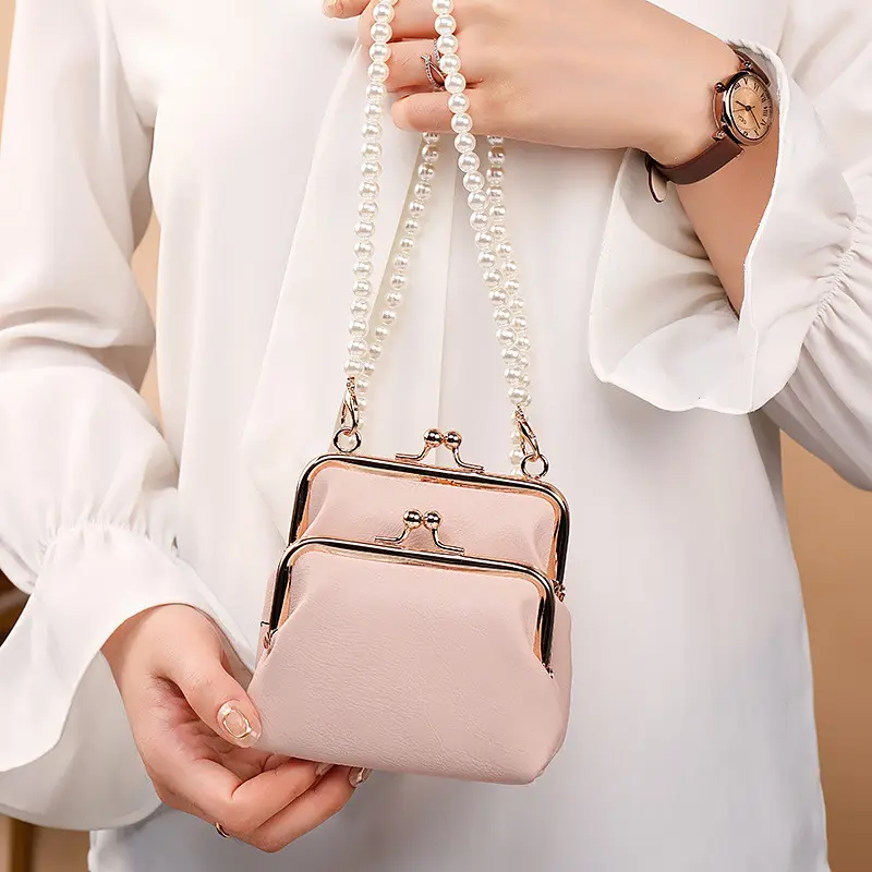 2022 New Fashion Women Coin Purses with Pearl Shoulder Strap Large Capacity Retro Leather Female Wallet Card Holder Money Bag