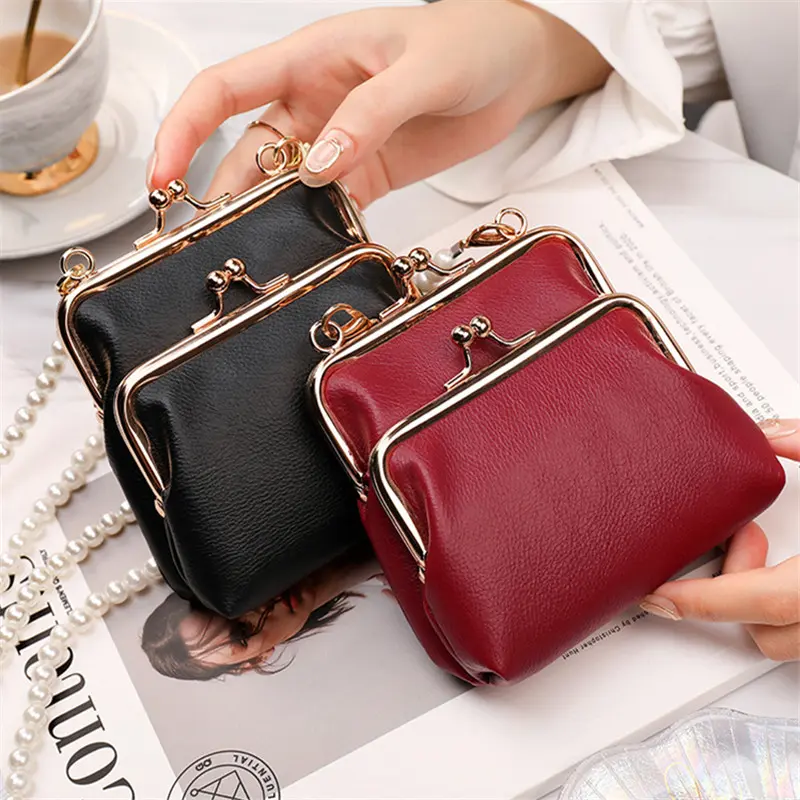 2022 New Fashion Women Coin Purses with Pearl Shoulder Strap Large Capacity Retro Leather Female Wallet Card Holder Money Bag
