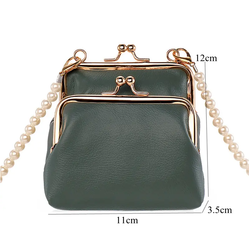 2022 New Fashion Women Coin Purses with Pearl Shoulder Strap Large Capacity Retro Leather Female Wallet Card Holder Money Bag