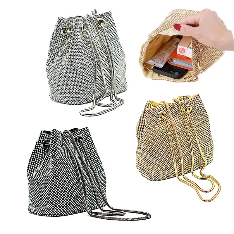 Luxury Rhinestone Women Drawstring Evening Bag Large Capacity Female Party Purse Bucket Tote Bag Dinner Wedding Clutch Handbag