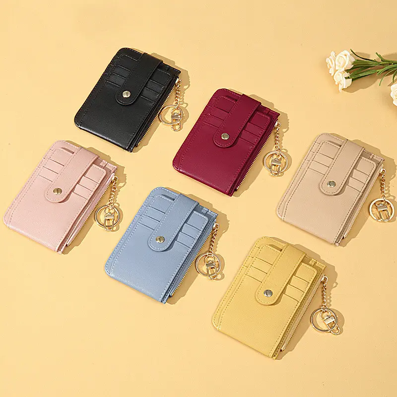 Women's Men's Zipper Business Credit Card Holder Case PU Leather Female Small Wallets Coin Purses with Keychain Money Bag Clip