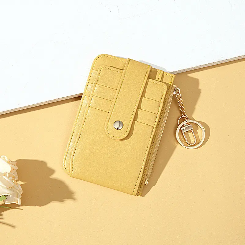 Women's Men's Zipper Business Credit Card Holder Case PU Leather Female Small Wallets Coin Purses with Keychain Money Bag Clip