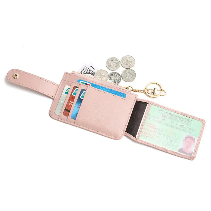 Women's Men's Zipper Business Credit Card Holder Case PU Leather Female Small Wallets Coin Purses with Keychain Money Bag Clip