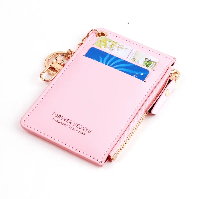 Women's Men's Zipper Business Credit Card Holder Case PU Leather Female Small Wallets Coin Purses with Keychain Money Bag Clip