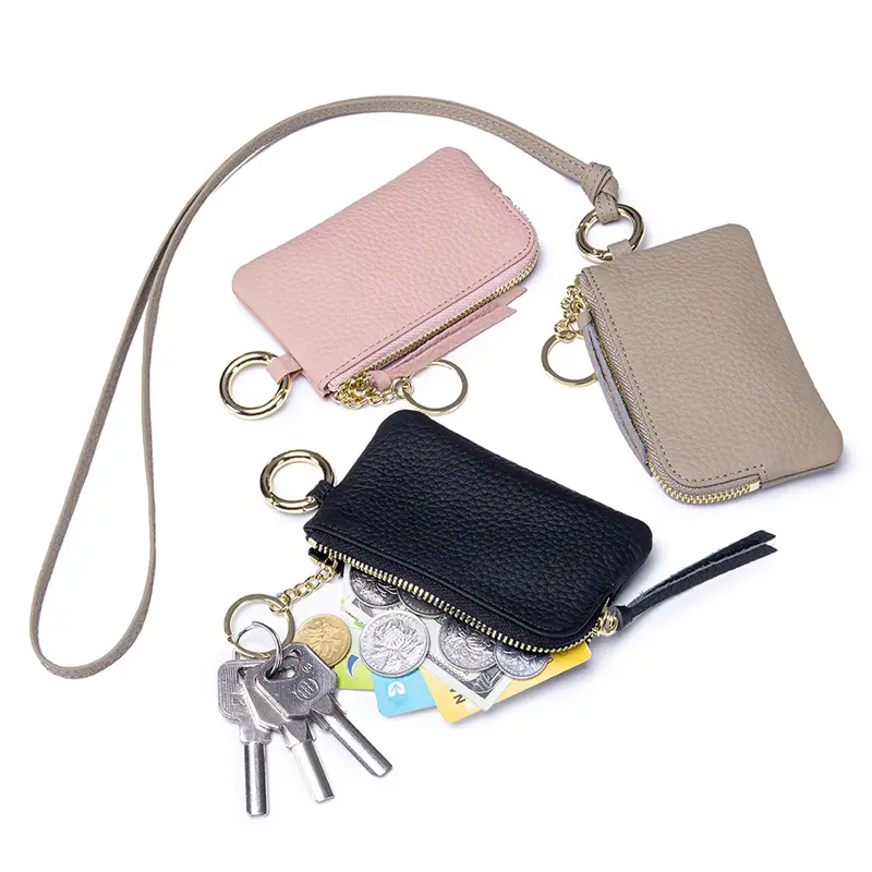 New Hanging Neck Coin Purse with Key Ring Women Cowhide Short Wallet Portable Solid Color Storage Purse Mini Card Holder