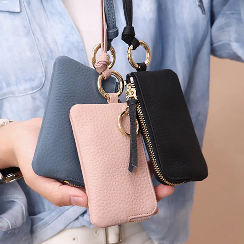 New Hanging Neck Coin Purse with Key Ring Women Cowhide Short Wallet Portable Solid Color Storage Purse Mini Card Holder