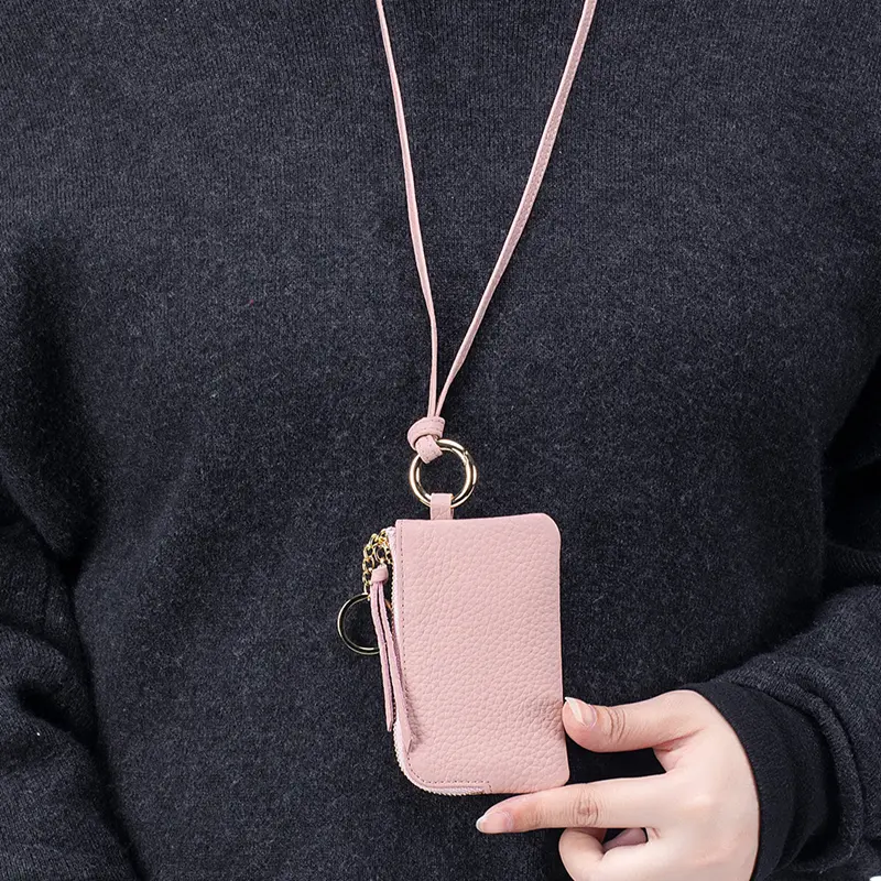 New Hanging Neck Coin Purse with Key Ring Women Cowhide Short Wallet Portable Solid Color Storage Purse Mini Card Holder