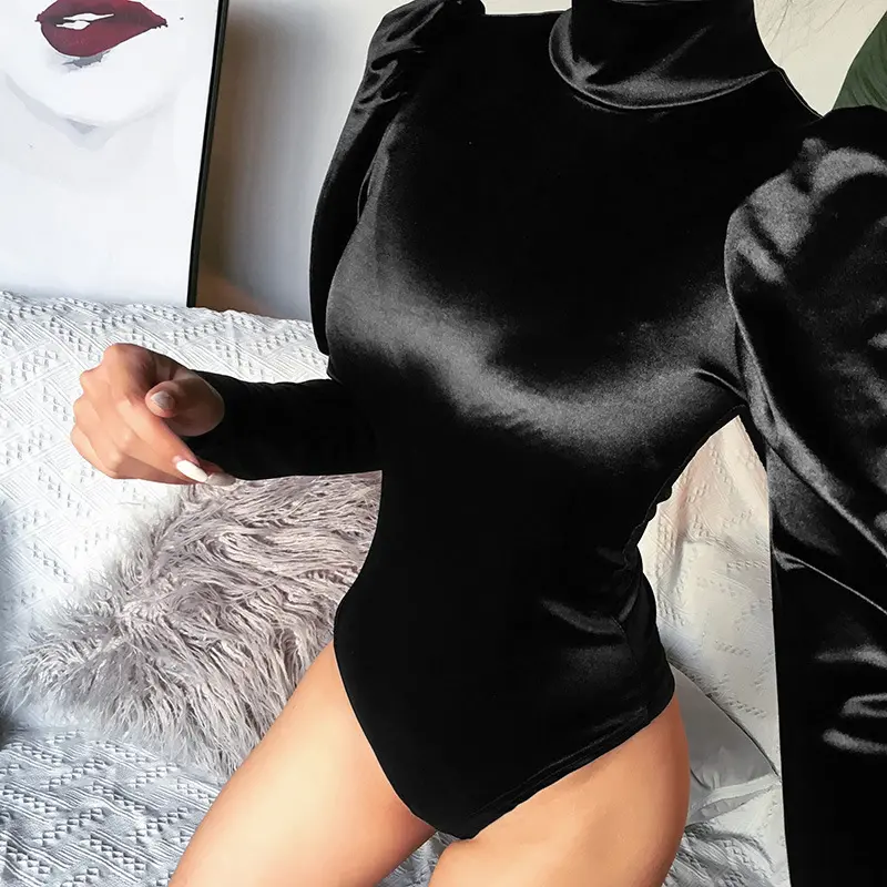 Sexy Slim Women Bodysuit Black Long Sleeve Elastic Waist Back Zipper Beach Jumpsuits High Collar Fashion Pullover Rompers