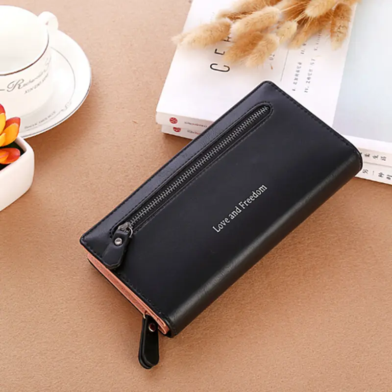 Fashion Women Long Thick Wallet Solid Color Clutch Large Capacity Rectangle Phone Pocket Money Bag Ladies PU Leather Coin Purse
