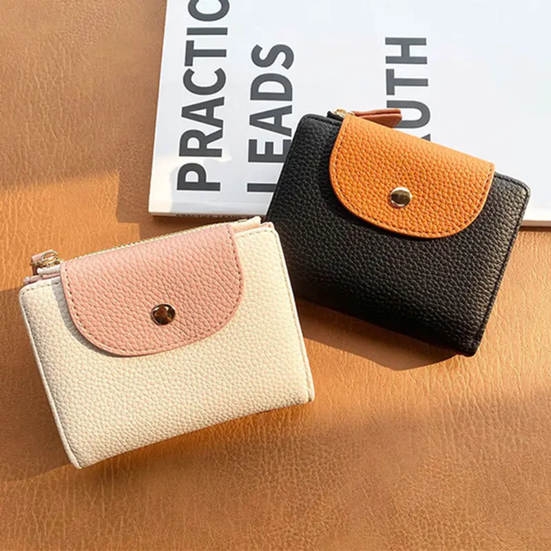 Soft Leather Mini Zipper Coin Bag Snap Button Solid Color Women Wallets Folding Card Holder Large-capacity Money Bag